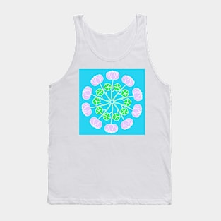 Pink flowers in a circle on blue background Tank Top